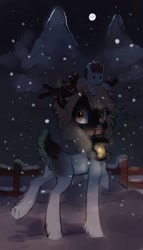 Size: 618x1080 | Tagged: safe, artist:sofiko-ko, oc, oc only, deer, pony, fence, lantern, moon, mouth hold, night, snow, snowfall, solo, tree, winter