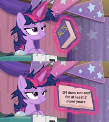 Size: 600x674 | Tagged: safe, edit, edited screencap, screencap, twilight sparkle, twilight sparkle (alicorn), alicorn, pony, a trivial pursuit, exploitable meme, meme, messy mane, smug, smuglight sparkle, solo, twilight snapple, twilight's fact book