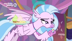 Size: 1280x720 | Tagged: safe, screencap, silverstream, classical hippogriff, hippogriff, she's all yak, chips, cupcake, food, lidded eyes, solo