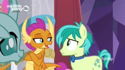 Size: 1280x720 | Tagged: safe, screencap, ocellus, sandbar, smolder, changedling, changeling, dragon, earth pony, pony, she's all yak, amused, bowtie, claws, confused, crossed arms, curved horn, cutie mark, dragoness, fangs, female, folded wings, frown, horn, horns, lidded eyes, male, open mouth, smiling, smirk, smugder, teenaged dragon, teenager, trio, wings, young stallion