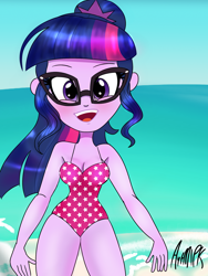 Size: 1536x2048 | Tagged: safe, artist:artmlpk, sci-twi, twilight sparkle, equestria girls, beach, blushing, breasts, cleavage, clothes, cute, female, glasses, looking at you, one-piece swimsuit, open mouth, ponytail, smiley face, solo, swimsuit, twiabetes