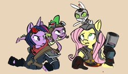 Size: 1357x780 | Tagged: safe, artist:stormygeddon, derpibooru import, angel bunny, fluttershy, spike, twilight sparkle, anthro, dragon, pegasus, unicorn, crossover, digital art, jak and daxter, lombax, playstation, ratchet and clank, video game