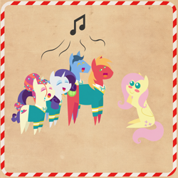 Size: 2000x2000 | Tagged: safe, anonymous artist, big macintosh, fluttershy, rarity, toe-tapper, torch song, pegasus, pony, unicorn, series:12 days of hearth's warming, series:fm holidays, 12 days of christmas, big eyes, blush sticker, blushing, border, christmas, clothes, cute, eyes closed, female, fluttermac, hearth's warming, holiday, lidded eyes, looking at each other, male, music notes, pointy ponies, ponytones, ponytones outfit, shipping, shyabetes, singing, sitting, smiling, straight, sweater, texture