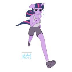 Size: 1000x1000 | Tagged: safe, artist:phallen1, twilight sparkle, anthro, plantigrade anthro, 42, atg 2019, clothes, female, newbie artist training grounds, perspective, running, shoes, simple background, solo, sweat, transparent background