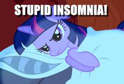 Size: 1050x712 | Tagged: safe, edit, edited screencap, screencap, twilight sparkle, friendship is magic, bed, caption, golden oaks library, image macro, insomnia, pillow, solo, text