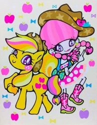 Size: 387x500 | Tagged: safe, artist:markiii, derpibooru import, applejack, earth pony, pony, duo, duo female, female, human oc, my little pony project, painting, traditional art