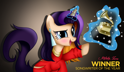 Size: 6000x3500 | Tagged: safe, artist:aldobronyjdc, oc, oc only, oc:melody verve, unicorn, award, clothes, ear piercing, earring, grammy award, jewelry, levitation, magic, piercing, solo, telekinesis, text