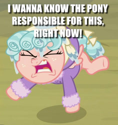 Size: 558x592 | Tagged: safe, edit, edited screencap, screencap, cozy glow, pegasus, pony, frenemies (episode), angry, caption, clothes, cozy glow is best facemaker, cropped, image macro, solo, spoiled brat, tantrum, text, winter outfit