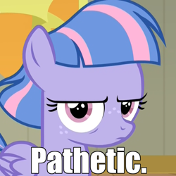 Size: 1024x1024 | Tagged: safe, edit, edited screencap, screencap, wind sprint, pegasus, pony, common ground, angry, angry eyes, caption, cropped, female, filly, foal, freckles, grumpy, image macro, looking at you, pathetic, reaction image, serious, serious face, solo, text, wind sprint is not amused