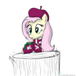 Size: 900x900 | Tagged: safe, artist:rule1of1coldfire, fluttershy, pegasus, pony, beret, breakfast, clothes, cup, hat, scarf, sketch, solo, winter clothes