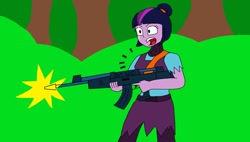 Size: 1185x674 | Tagged: safe, artist:brandon-vortex, twilight sparkle, twilight sparkle (alicorn), alicorn, equestria girls, gun, weapon