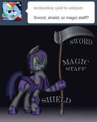 Size: 800x1009 | Tagged: safe, artist:crispokefan, oc, oc:pun, pony, agent 707, armor, ask, ask pun, night guard armor, scythe, solo