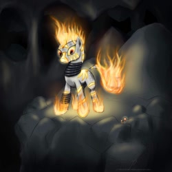 Size: 894x894 | Tagged: safe, artist:rule1of1coldfire, zecora, zebra, burning, fiery mane, fire, rapidash, solo