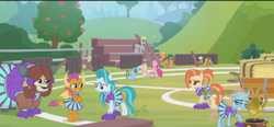 Size: 1304x603 | Tagged: safe, screencap, lighthoof, ocellus, shimmy shake, smolder, yona, changedling, changeling, dragon, yak, 2 4 6 greaaat, cheerleader, cheerleader ocellus, cheerleader smolder, cheerleader yona, dragoness, female