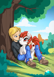 Size: 955x1351 | Tagged: safe, artist:mysticalpha, oc, oc:heart spark, human, pony, bush, clothes, holding a pony, human male, kid, male, one eye closed, pants, scenery, shoes, sitting, smiling, tree trunk