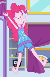 Size: 2100x3262 | Tagged: safe, screencap, pinkie pie, better together, equestria girls, sunset's backstage pass!, barefoot, clothes, cropped, feet, happy, jumping, pajamas, sleeveless, soles, solo