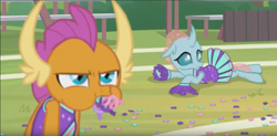 Size: 1305x640 | Tagged: safe, screencap, ocellus, smolder, changedling, changeling, dragon, 2 4 6 greaaat, cheerleader, cheerleader ocellus, cheerleader smolder, clothes, confetti, curved horn, dragoness, duo, failure, female, field, frown, horn, horns, humiliation, narrowed eyes, pleated skirt, pom pom, puffy cheeks, skirt, smolder is not amused, teenaged dragon, teenager, unamused