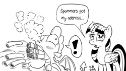 Size: 1200x675 | Tagged: safe, artist:pony-berserker, spike, twilight sparkle, twilight sparkle (alicorn), alicorn, dragon, pony, pony-berserker's twitter sketches, black and white, breaking the fourth wall, dragon mail, duo, exclamation point, female, gentlemen, grayscale, i can't believe it's not idw, looking at you, male, mare, monochrome, overload, scroll, signature, simple background, sketch, smoke, spam, white background, winged spike