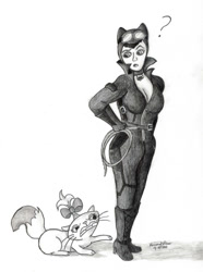 Size: 900x1208 | Tagged: safe, artist:peruserofpieces, opalescence, cat, human, angry, arkham city, batman, boob window, catsuit, catwoman, clawing, claws, confused, crossover, female, goggles, pencil drawing, question mark, ribbon, selina kyle, simple background, traditional art, whip, whiskers, woman