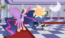 Size: 3879x2293 | Tagged: safe, artist:velveagicsentryyt, princess twilight 2.0, twilight sparkle, twilight sparkle (alicorn), oc, oc:moonlight sonata, oc:mysterilestia, alicorn, hybrid, pony, the last problem, base used, cousins, draconequus hybrid, female, filly, interspecies offspring, magic, offspring, parent:discord, parent:king sombra, parent:princess celestia, parent:princess luna, parents:dislestia, parents:lumbra