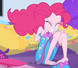 Size: 2100x1842 | Tagged: safe, screencap, pinkie pie, better together, equestria girls, sunset's backstage pass!, barefoot, clothes, cropped, feet, nightgown, pajamas, sleeveless, solo
