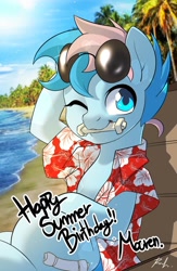 Size: 1300x2000 | Tagged: safe, artist:renokim, oc, oc:blue chewings, pony, beach, clothes, hawaiian shirt, one eye closed, shirt, sunglasses