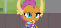 Size: 1299x594 | Tagged: safe, screencap, smolder, dragon, 2 4 6 greaaat, cheerleader, cheerleader outfit, cheerleader smolder, clothes, dragoness, fangs, female, gritted teeth, horns, narrowed eyes, slit eyes, smolder is not amused, teenaged dragon, teenager