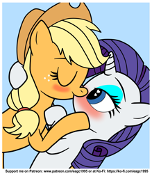 Size: 1865x2129 | Tagged: safe, artist:eagc7, derpibooru import, applejack, rarity, earth pony, pony, unicorn, bedroom eyes, blushing, blushing profusely, cute, duo, female, hat, jackabetes, kissing, ko-fi, lesbian, mare, patreon, raribetes, rarijack, shipping, simple background