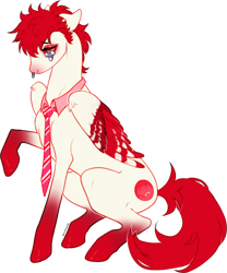 Size: 2267x2725 | Tagged: safe, artist:pictorch, oc, oc only, oc:bloodshot, pegasus, pony, accessories, clothes, coat markings, crying, folded wings, fullbody, male, necktie, one hoof raised, red hair, red mane, red tail, simple background, sitting, solo, spiky hair, spiky mane, stallion, transparent background, two toned wings, wings, wings down