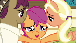 Size: 1280x720 | Tagged: safe, mane allgood, scootaloo, snap shutter, pony, the last crusade, crying, smiling, tears of joy, teary eyes