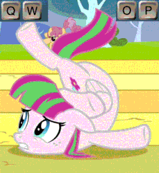 Size: 403x439 | Tagged: safe, edit, edited screencap, screencap, blossomforth, dizzy twister, orange swirl, pony, hurricane fluttershy, adoraforth, cropped, cute, flexible, qwop, solo focus