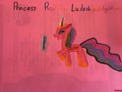 Size: 3264x2448 | Tagged: safe, artist:rainbow dash is best pony, oc, oc only, oc:princess raiflia ludashjacklightpie, alicorn, pony, alicorn oc, colored pencil drawing, freckles, hoof shoes, marker drawing, mirror, pink background, simple background, traditional art