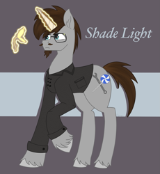 Size: 1867x2026 | Tagged: safe, artist:dyonys, oc, oc only, unicorn, abstract background, clothes, glasses, magic, male, raised hoof, stallion, text, ushorn feltlocks, watch