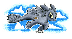 Size: 720x395 | Tagged: safe, artist:silvaniart, dracony, dragon, hybrid, pony, cloud, flying, how to train your dragon, night fury, ponified, solo, toothless the dragon