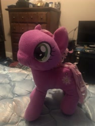 Size: 3024x4032 | Tagged: safe, artist:undeadponysoldier, photographer:undeadponysoldier, cheerilee, earth pony, pony, bed, cheeribetes, cute, drawer, female, hollywood undead mask, irl, mare, mask, photo, playstation 3, plushie, standing, television, xbox one