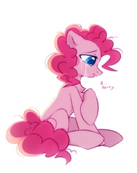 Size: 1259x1592 | Tagged: safe, artist:mirtash, derpibooru import, pinkie pie, earth pony, pony, chest fluff, crying, dialogue, female, mare, rcf community, sad, simple background, sitting, solo, white background