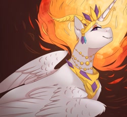 Size: 1024x944 | Tagged: safe, artist:pixelberrry, nightmare star, alicorn, pony, crown, ear fluff, female, fire, horns, jewelry, mane of fire, mare, regalia, solo, wing fluff