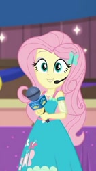 Size: 960x1702 | Tagged: safe, screencap, fluttershy, best in show: the victory lap, better together, equestria girls, cropped, headset, looking at you, microphone, smiling, smiling at you, solo