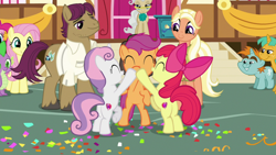Size: 1920x1080 | Tagged: safe, screencap, apple bloom, fluttershy, mane allgood, mayor mare, pinkie pie, scootaloo, snails, snap shutter, snips, spike, sweetie belle, dragon, earth pony, pegasus, pony, the last crusade, cutie mark crusaders, hoofbump