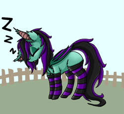 Size: 1173x1080 | Tagged: safe, artist:lost mystery, oc, oc only, oc:mintybatty, bat pony, pony, bat pony oc, clothes, fence, sleeping, socks, solo, striped socks