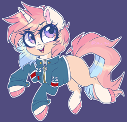 Size: 2506x2396 | Tagged: safe, artist:_spacemonkeyz_, oc, oc:wind breaker, pony, unicorn, clothes, female, jacket, mare, purple background, simple background, solo