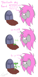 Size: 3000x6000 | Tagged: safe, artist:fajnyziomal, oc, oc only, oc:purple light, pony, unicorn, comic:świstek, :i, comic, female, floppy ears, gravestone, howdy, mare, solo, sprout, text, unamused