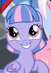 Size: 447x642 | Tagged: safe, screencap, clear sky, wind sprint, pegasus, pony, common ground, adorable face, captiwinding, charming, cheeky, cute, cuteness overload, female, filly, foal, freckles, grin, happy, hnnng, naughty, raised hoof, sitting, sprintabetes