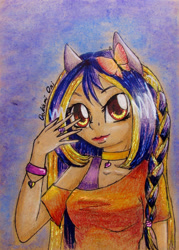 Size: 2178x3035 | Tagged: safe, artist:0okami-0ni, oc, oc only, anthro, clothes, multicolored hair, solo, traditional art