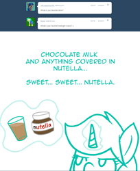 Size: 1024x1256 | Tagged: safe, artist:shadowkixx, oc, oc:moonlight aria, pony, unicorn, ask, ask sunray smiles, chocolate, chocolate milk, female, food, magic, mare, milk, nutella, solo, tumblr