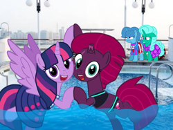 Size: 1440x1080 | Tagged: safe, artist:徐詩珮, fizzlepop berrytwist, glitter drops, spring rain, tempest shadow, twilight sparkle, twilight sparkle (alicorn), alicorn, unicorn, series:sprglitemplight diary, series:sprglitemplight life jacket days, series:springshadowdrops diary, series:springshadowdrops life jacket days, alternate universe, base used, bisexual, broken horn, clothes, cute, equestria girls outfit, female, glitterbetes, glitterlight, glittershadow, horn, lesbian, lifeguard, lifeguard spring rain, not amused face, polyamory, shipping, singing, sprglitemplight, spring rain is not amused, springbetes, springdrops, springlight, springshadow, springshadowdrops, swimsuit, tempestbetes, tempestlight, unamused