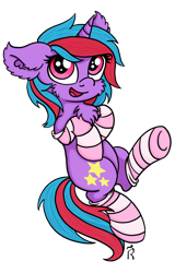 Size: 1920x3000 | Tagged: safe, artist:dawn-designs-art, oc, oc:cosmic spark, pony, unicorn, adorable face, blue mane, chest fluff, clothes, cute, ear fluff, fluffy, happy, pink eyes, purple coat, red mane, socks, solo, striped socks