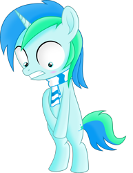 Size: 3440x4465 | Tagged: artist needed, safe, oc, oc:cyan lightning, pony, absurd resolution, bipedal, blushing, clothes, colt, covering, covering crotch, cute, embarrassed, foal, male, naked rarity, ocbetes, scarf, simple background, solo, transparent background, vector, we don't normally wear clothes