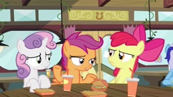 Size: 1280x720 | Tagged: safe, screencap, apple bloom, minuette, scootaloo, sweetie belle, earth pony, pegasus, pony, unicorn, twilight time, burger, cutie mark crusaders, drink, female, filly, food, french fries, hay fries, looking at each other, restaurant, soda, straw, table, window