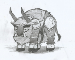 Size: 1123x901 | Tagged: safe, artist:newman134, buffalo, pony, cloven hooves, fangs, grayscale, horns, minecraft, mob, monochrome, ponified, ravager (minecraft), solo, thick eyebrows, traditional art